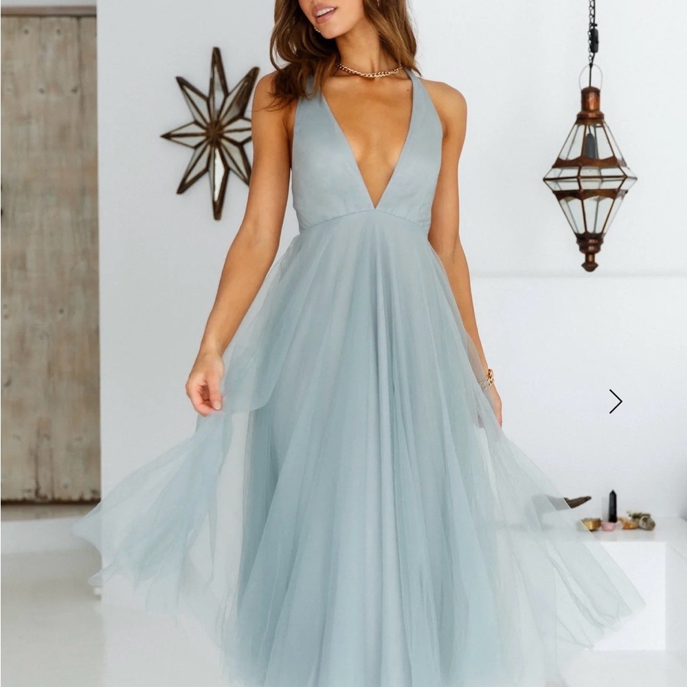 Hello Molly Dusty Blue Plunging V Tulle Dress